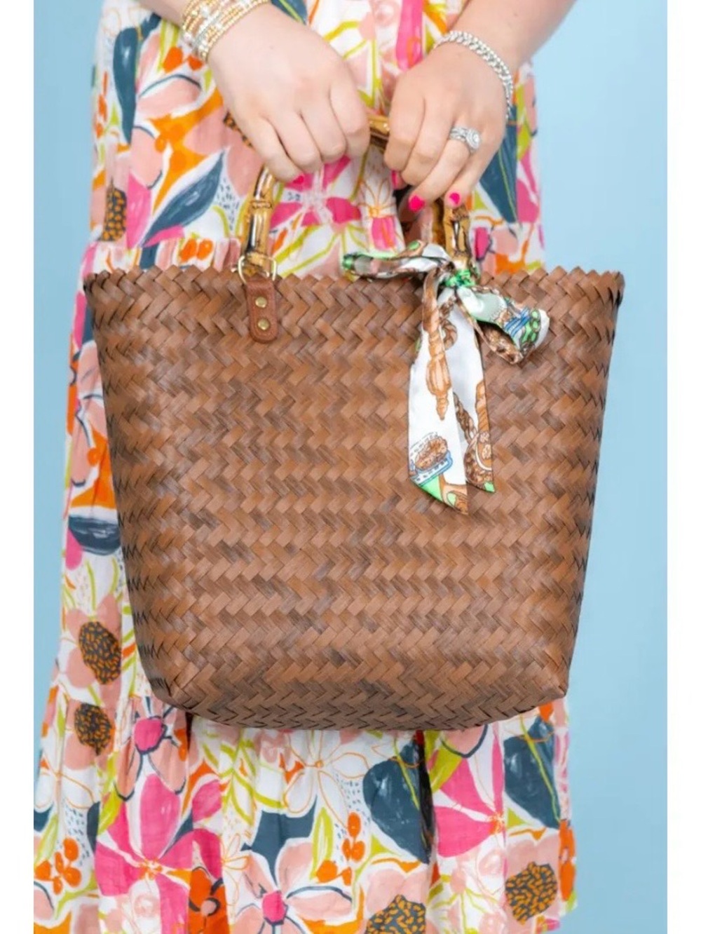 Brown Straw Tote with Bamboo Handles and Scarf Accent
15”x13